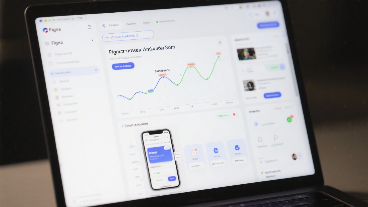 Close-up of a laptop running Figma with prototype animation settings open, showing easing curves, smart animate options, and transition previews for a mobile app flow.