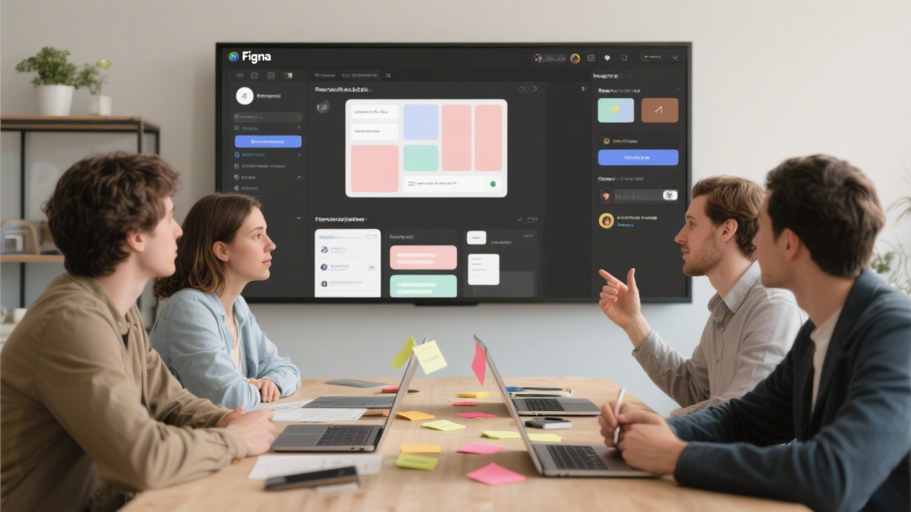 Design team collaborating around a table with laptops and sticky notes, Figma interface displayed on a large screen while discussing interface layouts and shared components.