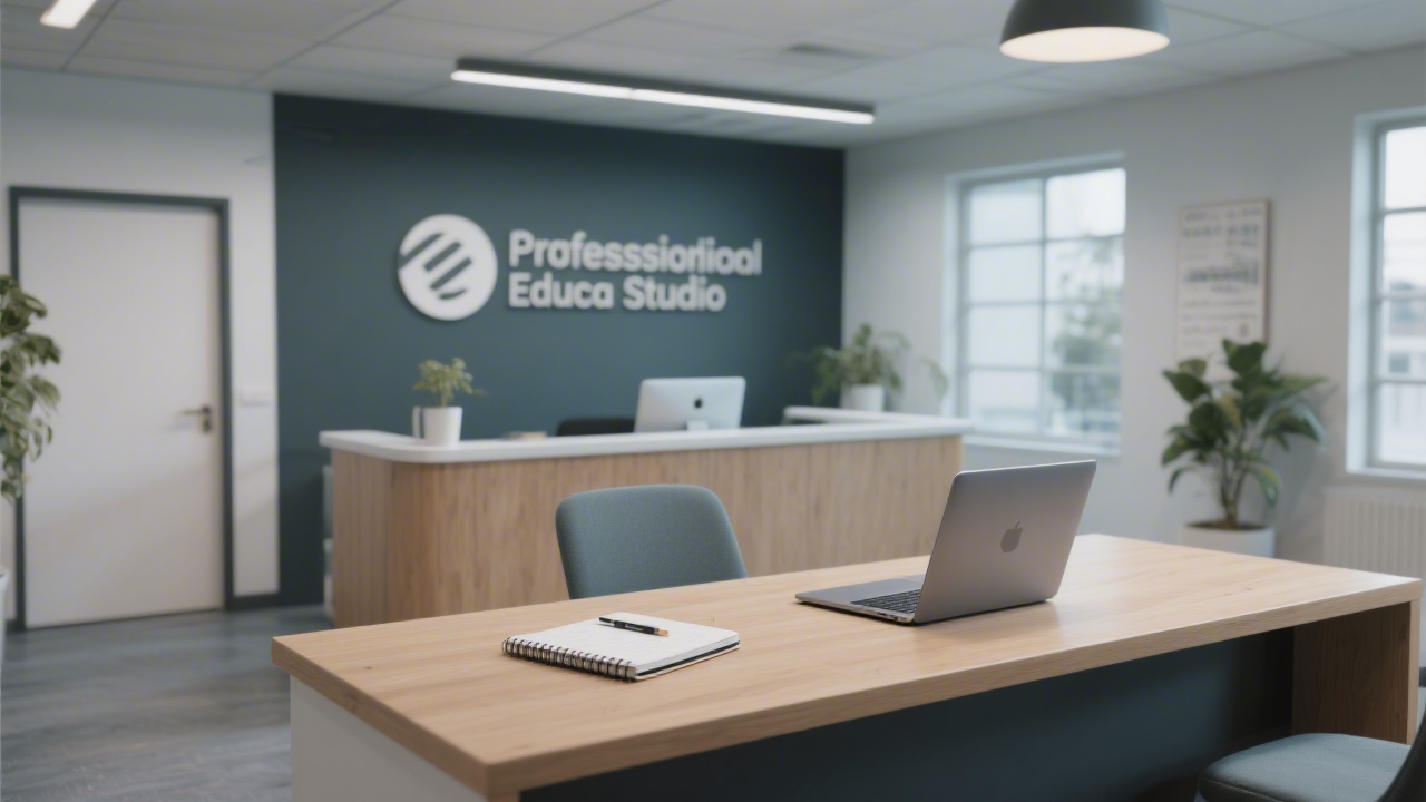 Reception area with a modern desk, a notebook and laptop on the table, and a calm interior atmosphere that reflects a professional education studio.