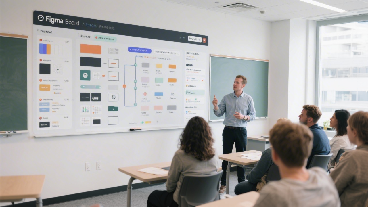 Large wall display showing a Figma board with components, styles, and prototype links, while a facilitator explains structure to a small group seated in a modern classroom.