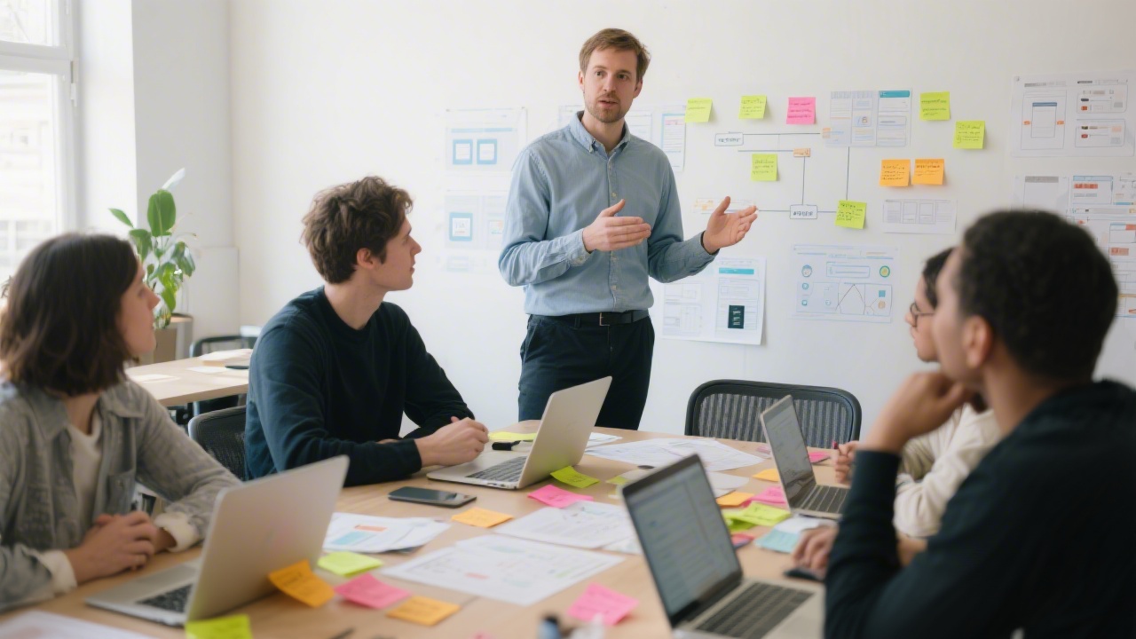 Facilitator leading a design workshop with sticky notes and laptops, participants collaborating around a table while discussing interface layouts and user flows.
